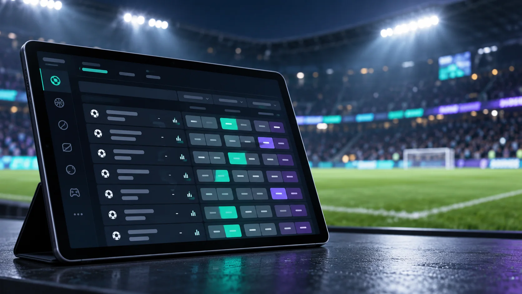 Futbol stadyumu önünde spor bahisleri için soyut kupon satırları gösteren tablet